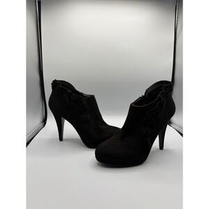 Priscilla Black Faux Suede Ruffle Trim Stiletto Ankle Boots Size 7.5M